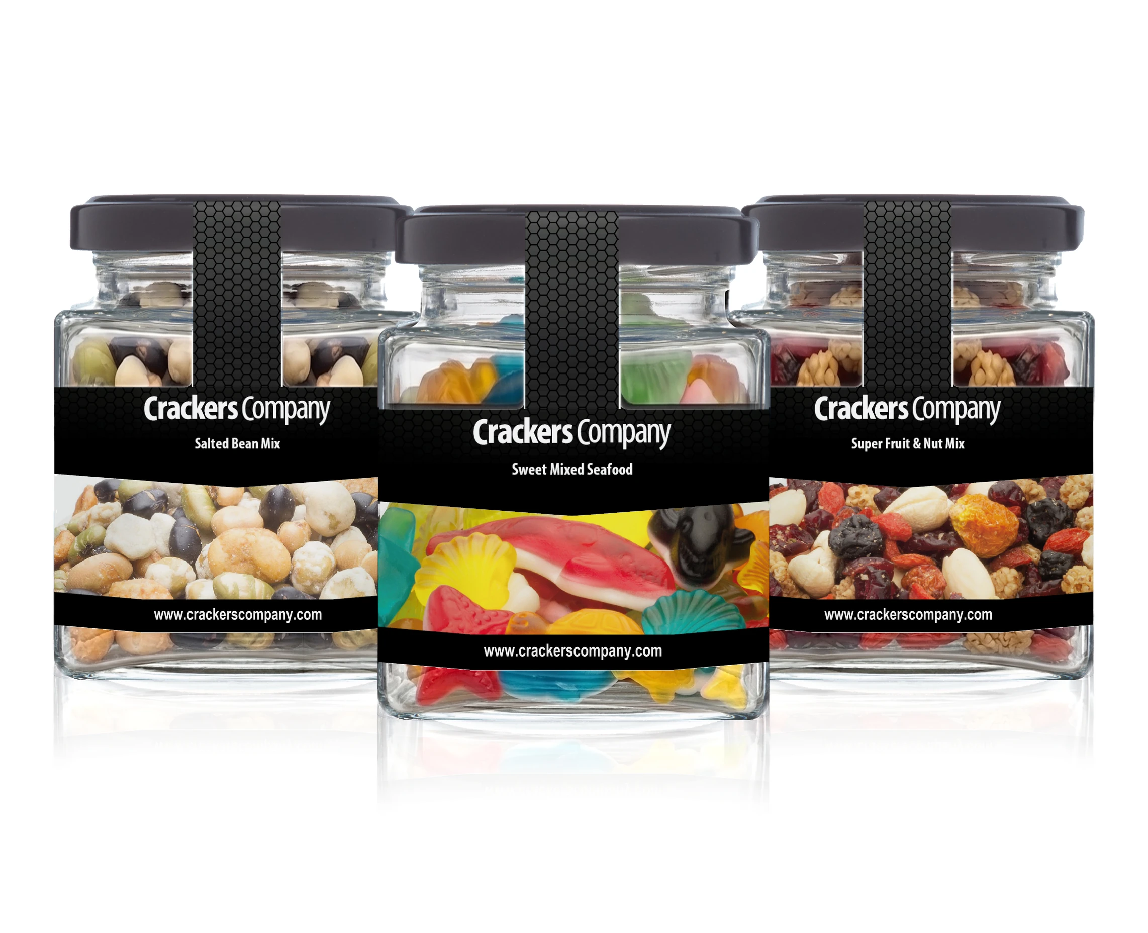 Drei quadratische CrackersCompany Snackgläser