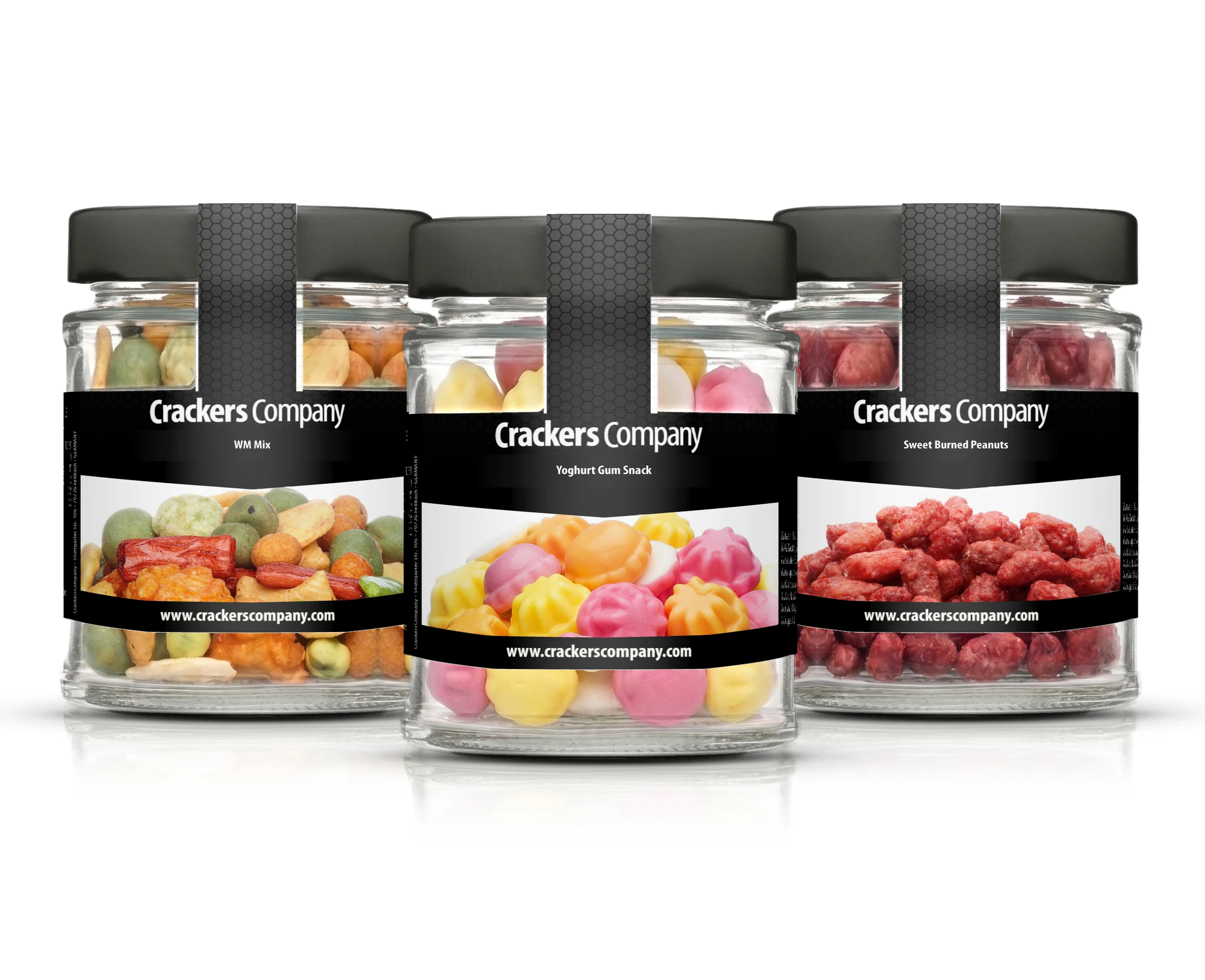 Drei runde CrackersCompany Snackgläser